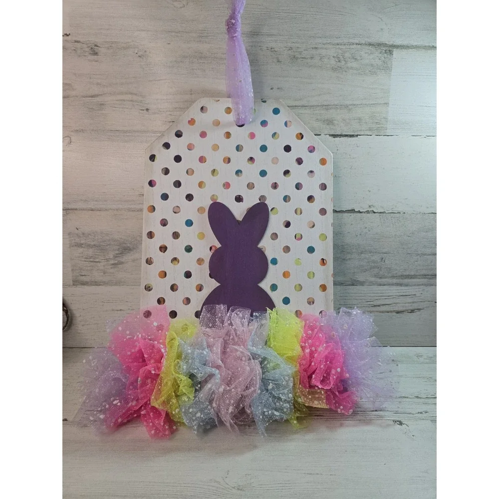 Easter‎ Bunny Wood Tag Wall Hanging Polka Dot Tulle Ruffle Purple White 12x8